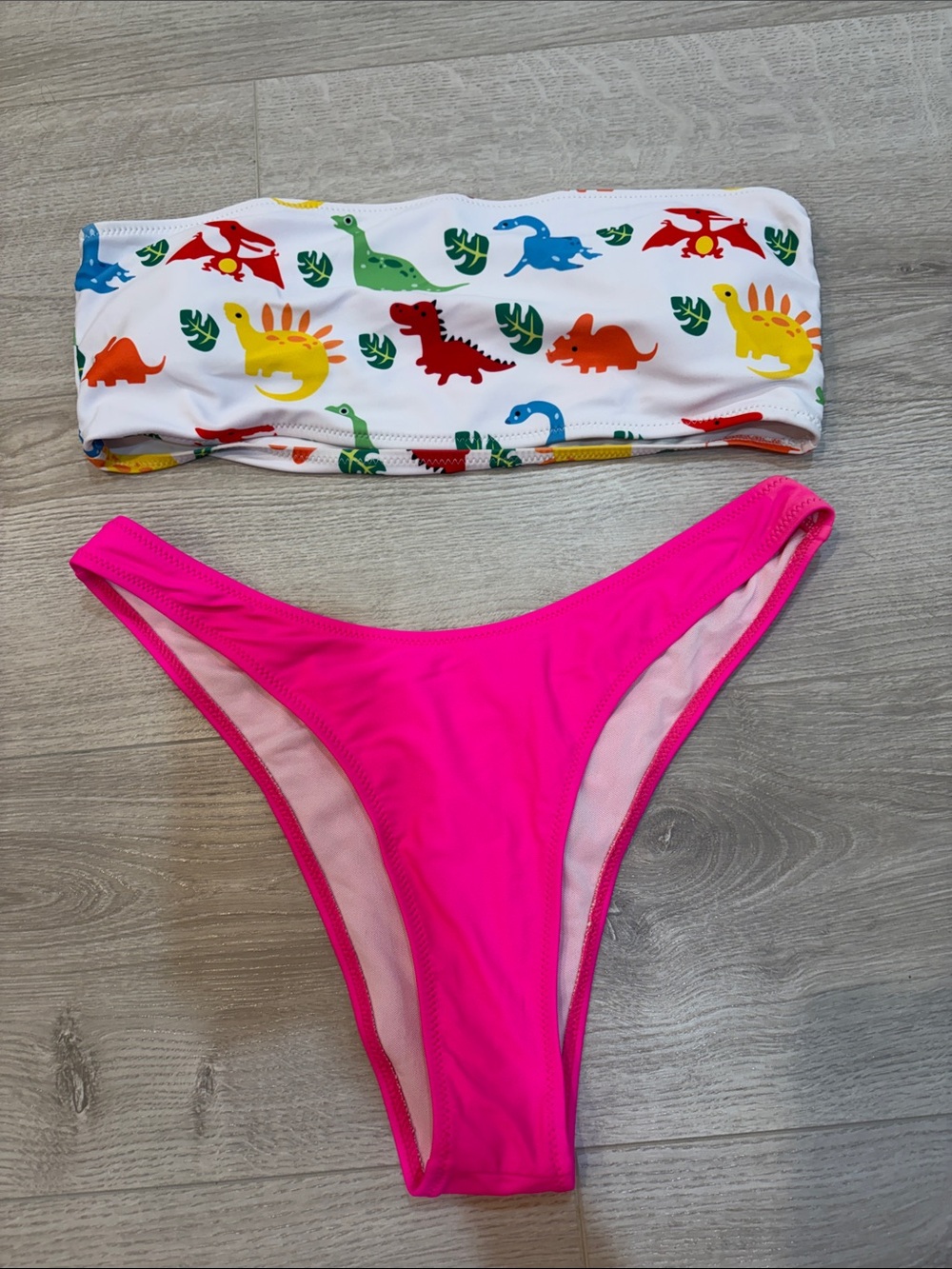 ' Two-Piece Dino Print Bandeau & Hot Pink Bikini Bottom